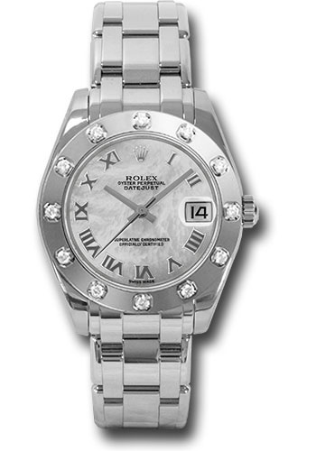 Rolex White Gold Datejust Pearlmaster 34 Watch - 12 Diamond Bezel - White Mother-Of-Pearl Roman Dial