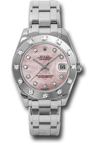 Rolex White Gold Datejust Pearlmaster 34 Watch - 12 Diamond Bezel - Pink Mother-Of-Pearl Diamond Dial