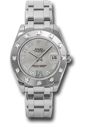 Rolex White Gold Datejust Pearlmaster 34 Watch - 12 Diamond Bezel - Silver Roman Dial