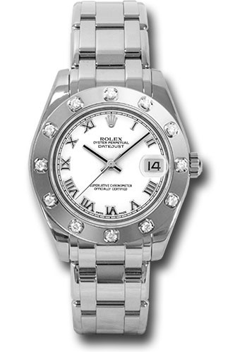 Rolex White Gold Datejust Pearlmaster 34 Watch - 12 Diamond Bezel - White Roman Dial