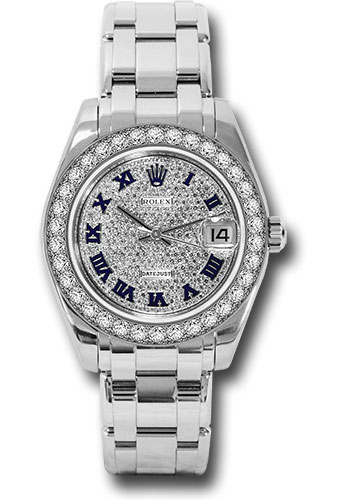 Rolex White Gold Datejust Pearlmaster 34 Watch - 34 Diamond Bezel - Diamond Paved Roman Dial