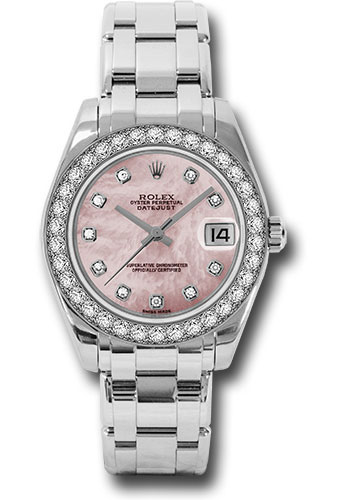 Rolex White Gold Datejust Pearlmaster 34 Watch - 34 Diamond Bezel - Pink Mother-Of-Pearl Diamond Dial