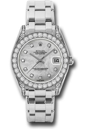 Rolex White Gold Datejust Pearlmaster 34 Watch - 34 Diamond Bezel - White Mother-Of-Pearl Diamond Dial