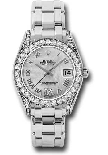 Rolex White Gold Datejust Pearlmaster 34 Watch - 34 Diamond Bezel - White Mother-Of-Pearl Roman Dial