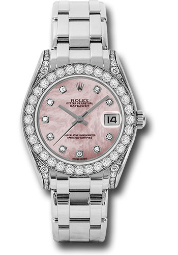 Rolex White Gold Datejust Pearlmaster 34 Watch - 34 Diamond Bezel - Pink Mother-Of-Pearl Diamond Dial
