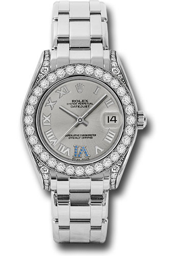 Rolex White Gold Datejust Pearlmaster 34 Watch - 34 Diamond Bezel - Silver Roman Dial