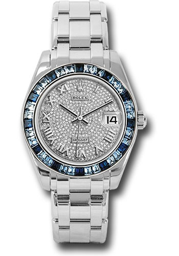 Rolex White Gold Datejust Pearlmaster 34 Watch - 12 Blue And 24 Light-Blue Sapphire Baguettes Bezel - Diamond Paved Roman Dial