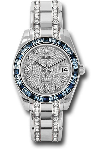 Rolex White Gold Datejust Pearlmaster 34 Watch - 12 Blue And 24 Light-Blue Sapphire Baguettes Bezel - Diamond Paved Roman Dial