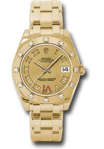 Rolex Yellow Gold Datejust Pearlmaster 34 Watch - 12 Diamond Bezel - Champagne Ruby Roman Vi Roman Dial