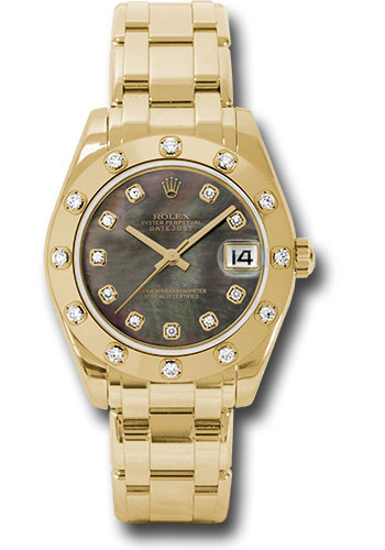 Rolex Yellow Gold Datejust Pearlmaster 34 Watch - 12 Diamond Bezel - Black Mother-Of-Pearl Diamond Dial