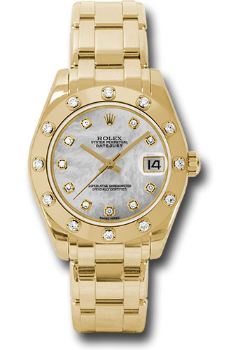 Rolex Yellow Gold Datejust Pearlmaster 34 Watch - 12 Diamond Bezel - White Mother-Of-Pearl Diamond Dial