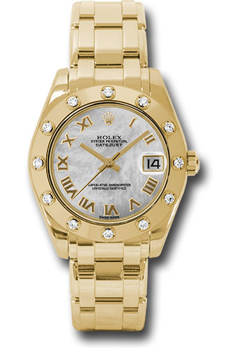 Rolex Yellow Gold Datejust Pearlmaster 34 Watch - 12 Diamond Bezel - White Mother-Of-Pearl Roman Dial