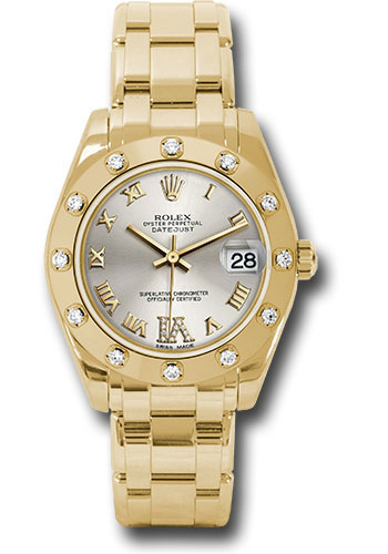 Rolex Yellow Gold Datejust Pearlmaster 34 Watch - 12 Diamond Bezel - Silver Diamond Roman VI Dial