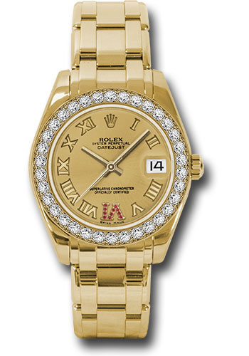 Rolex Yellow Gold Datejust Pearlmaster 34 Watch - 34 Diamond Bezel - Champagne Ruby Roman Vi Roman Dial