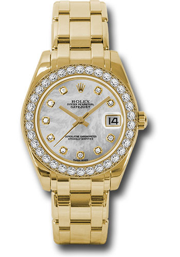 Rolex Yellow Gold Datejust Pearlmaster 34 Watch - 34 Diamond Bezel - White Mother-Of-Pearl Diamond Dial