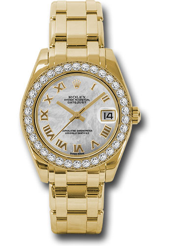Rolex Yellow Gold Datejust Pearlmaster 34 Watch - 34 Diamond Bezel - White Mother-Of-Pearl Roman Dial
