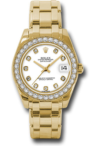 Rolex Yellow Gold Datejust Pearlmaster 34 Watch - 34 Diamond Bezel - White Diamond Dial