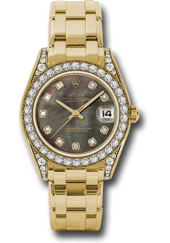 Rolex Yellow Gold Datejust Pearlmaster 34 Watch - 34 Diamond Bezel - Black Mother-Of-Pearl Diamond Dial