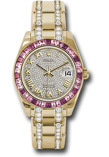 Rolex Yellow Gold Datejust Pearlmaster 34 Watch - 12 Pink And 24 Light-Pink Sapphire Baguettes Bezel - Diamond Paved Roman Dial