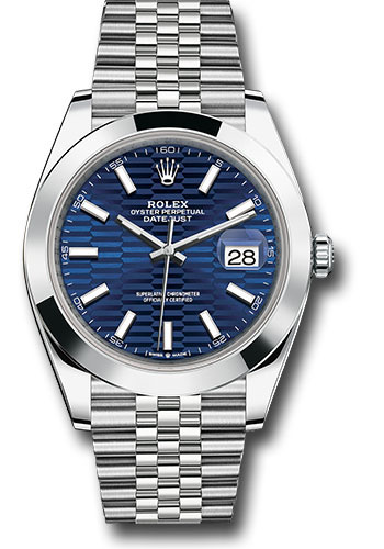 Rolex Oystersteel Datejust 41 Watch - Smooth Bezel - Bright Blue Fluted Motif Index Dial - Jubilee Bracelet