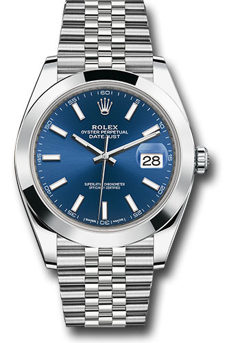Rolex Steel Datejust 41 Watch - Smooth Bezel - Blue Index Dial - Jubilee Bracelet