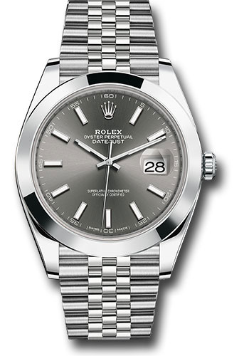 Rolex Steel Datejust 41 Watch - Smooth Bezel - Dark Rhodium Index Dial - Jubilee Bracelet