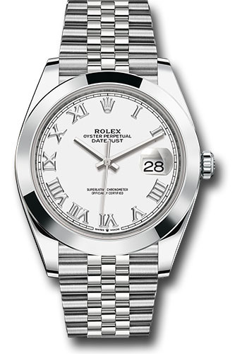 Rolex Steel Datejust 41 Watch - Smooth Bezel - White Roman Dial - Jubilee Bracelet