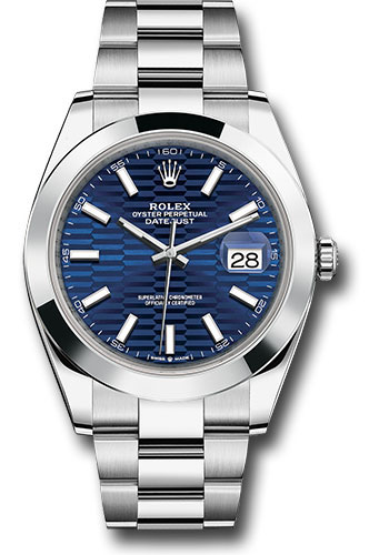 Rolex Oystersteel Datejust 41 Watch - Smooth Bezel - Bright Blue Fluted Motif Index Dial - Oyster Bracelet