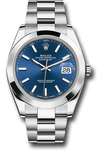 Rolex Steel Datejust 41 Watch - Smooth Bezel - Blue Index Dial - Oyster Bracelet