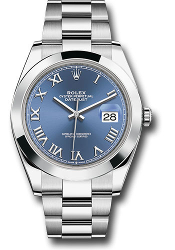 Rolex Steel Datejust 41 Watch - Smooth Bezel - Blue Roman Dial - Oyster Bracelet