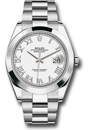 Rolex Steel Datejust 41 Watch - Smooth Bezel - White Roman Dial - Oyster Bracelet