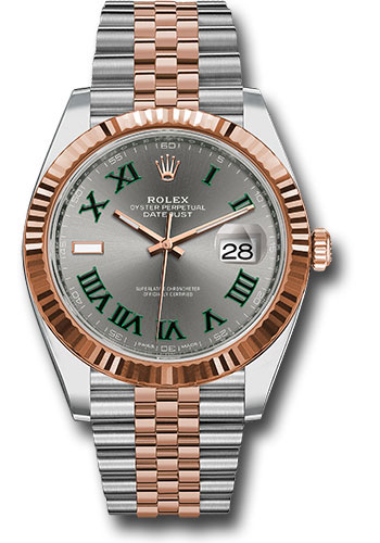 Rolex Steel and Everose Rolesor Datejust 41 Watch - Fluted Bezel - Slate Gray Green Roman Dial - Jubilee Bracelet