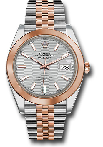 Rolex Everose Rolesor Datejust 41 Watch - Smooth Bezel - Silver Fluted Motif Index Dial - Jubilee Bracelet