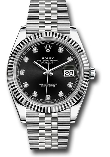 Rolex Steel and White Gold Rolesor Datejust 41 Watch - Fluted Bezel - Black Diamond Dial - Jubilee Bracelet