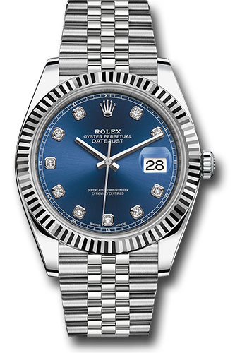 Rolex Steel and White Gold Rolesor Datejust 41 Watch - Fluted Bezel - Blue Diamond Dial - Jubilee Bracelet