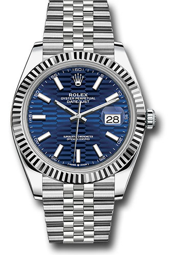 Rolex White Rolesor Datejust 41 Watch - Fluted Bezel - Bright Blue Fluted Motif Index Dial - Jubilee Bracelet