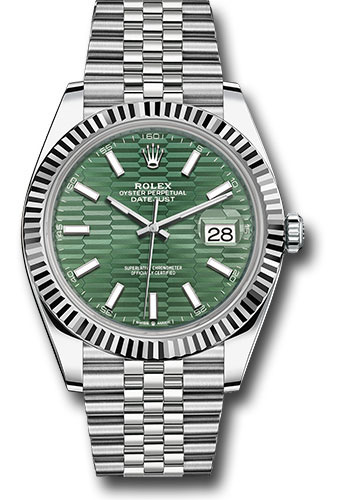 Rolex White Rolesor Datejust 41 Watch - Fluted Bezel - Mint Green Fluted Motif Index Dial - Jubilee Bracelet
