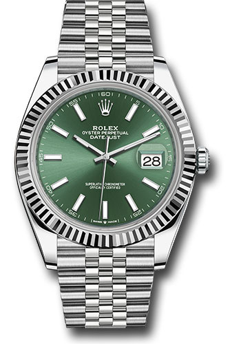 Rolex White Rolesor Datejust 41 Watch - Fluted Bezel - Mint Green Index Dial - Jubilee Bracelet