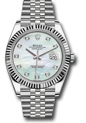 Rolex Steel and White Gold Rolesor Datejust 41 Watch - Fluted Bezel - White Mother-Of-Pearl Diamond Dial - Jubilee Bracelet