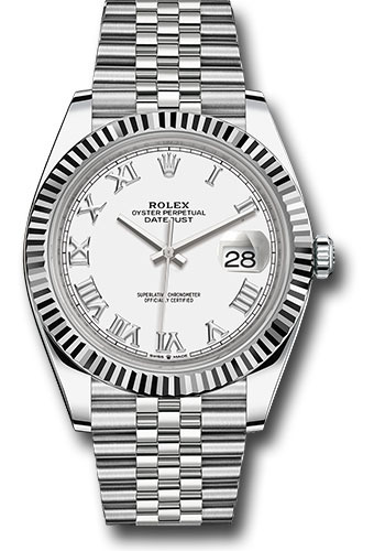 Rolex Steel and White Gold Rolesor Datejust 41 Watch - Fluted Bezel - White Roman Dial - Jubilee Bracelet