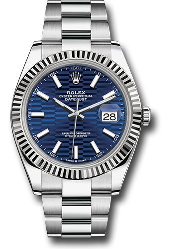 Rolex White Rolesor Datejust 41 Watch - Fluted Bezel - Bright Blue Fluted Motif Index Dial - Oyster Bracelet