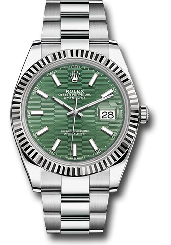 Rolex White Rolesor Datejust 41 Watch - Fluted Bezel - Mint Green Fluted Motif Index Dial - Oyster Bracele