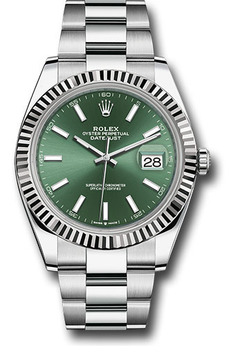 Rolex White Rolesor Datejust 41 Watch - Fluted Bezel - Mint Green Index Dial - Oyster Bracelet