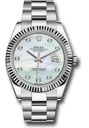 Rolex Steel and White Gold Rolesor Datejust 41 Watch - Fluted Bezel - White Mother-Of-Pearl Diamond Dial - Oyster Bracelet