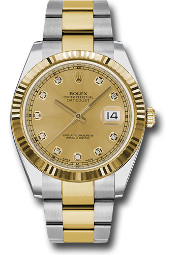 Rolex Steel and Yellow Gold Rolesor Datejust 41 Watch - Fluted Bezel - Champagne Diamond Dial - Oyster Bracelet