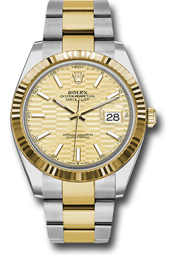 Rolex Yellow Rolesor Datejust 41 Watch - Fluted Bezel - Golden Fluted Motif Index Dial - Oyster Bracelet