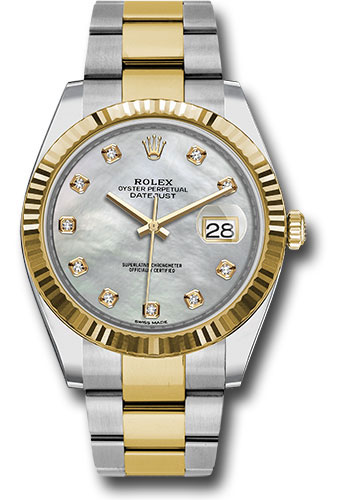 Rolex Steel and Yellow Gold Rolesor Datejust 41 Watch - Fluted Bezel - White Mother-Of-Pearl Diamond Dial - Oyster Bracelet