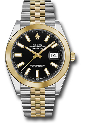 Rolex Steel and Yellow Gold Rolesor Datejust 41 Watch - Smooth Bezel - Black Index Dial - Jubilee Bracelet