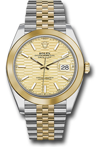 Rolex Yellow Rolesor Datejust 41 Watch - Smooth Bezel - Golden Fluted Motif Index Dial - Jubilee Bracelet