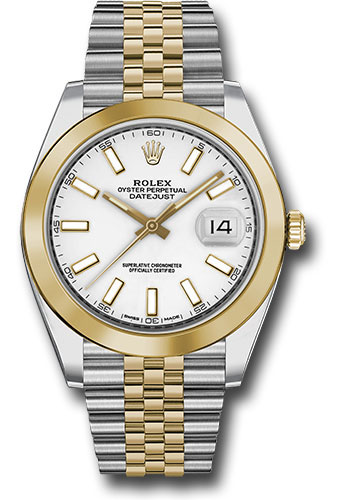Rolex Steel and Yellow Gold Rolesor Datejust 41 Watch - Smooth Bezel - White Index Dial - Jubilee Bracelet